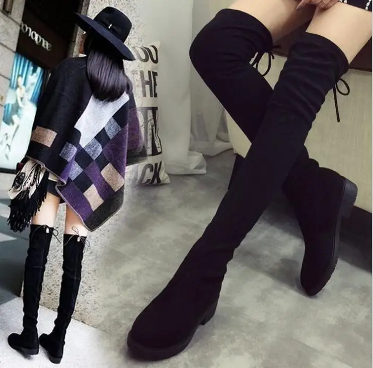 

Fashion New Hot Women Boots Autumn Winter Ladies Flat Bottom Boots Shoes Over The Knee Thigh High Black Suede Long Boots