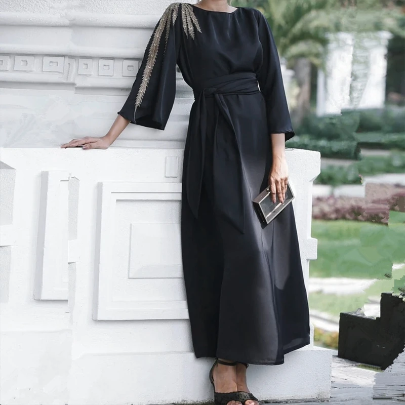 2021 New Women Muslim 3/4 Sleeve Satin Maxi Dress Embroidery Patchwork Islamic Abya Robe Belted High Waist Dubai Party Kaftan |