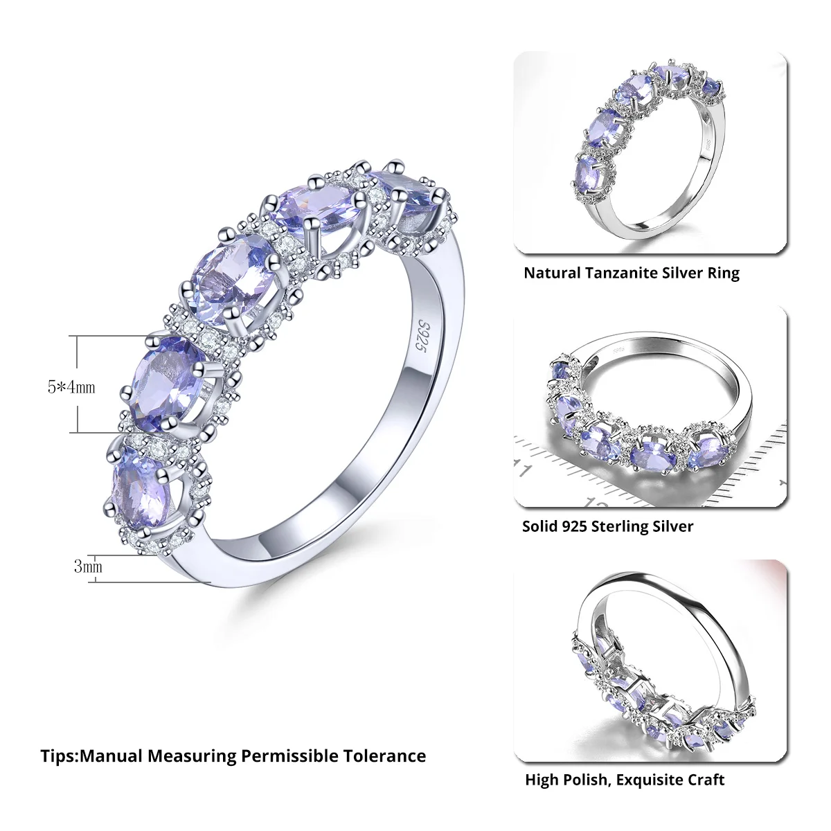 Natural Tanzanite Silver Rings 1.8 Carat Faced Cut Tanzanite Gemstone Jewelry Elegant Classic Style S925 New Year Gifts