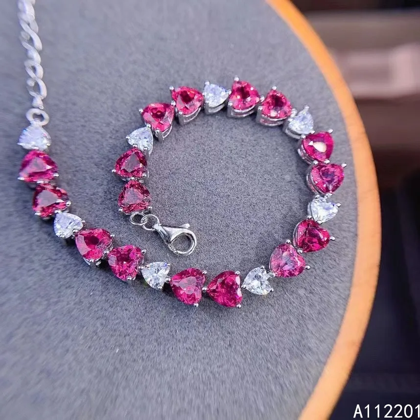 

Fine Jewelry 925 Sterling Silver Inset With Natural Gemstones Women's Luxury Elegant Heart Pyrope Garnet Hand Bracelet Support D