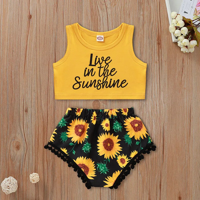 

2020 Sunflower Baby Clothes Outfit Live In The Sunshine Letters Print Crop Top and Floral Shorts Girl 2 Pcs Set 12 18 Months