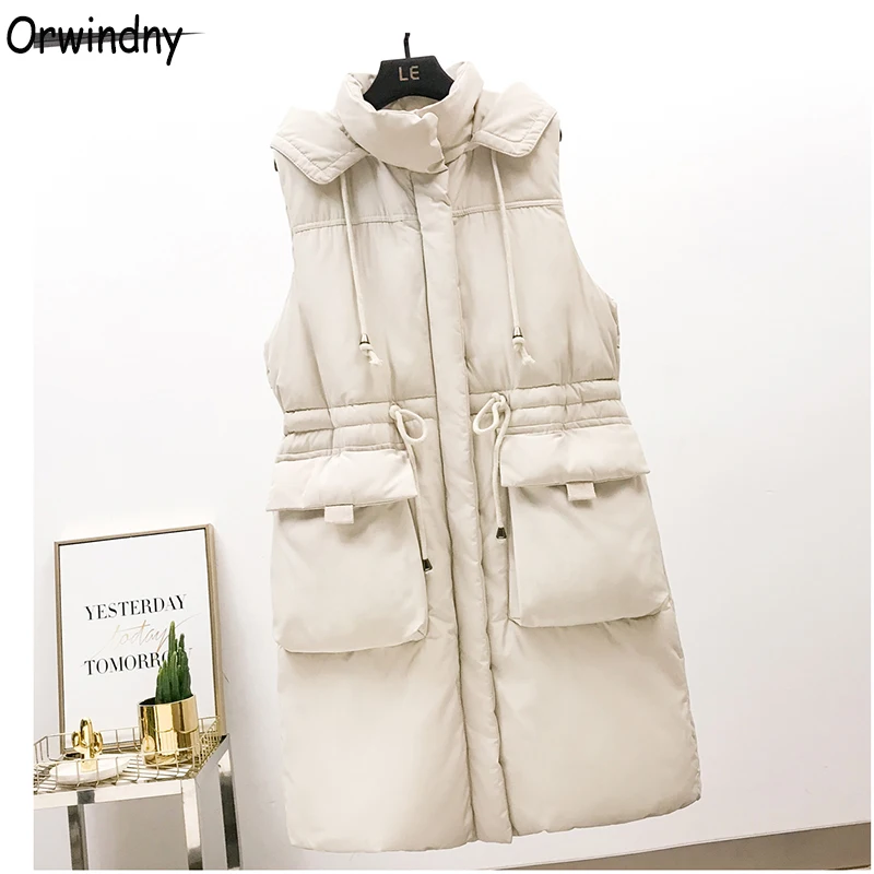 

Orwindny Cap Rope Long Waistcoat Women Winter Sleeveless Female Jacket Hooded Thick Warm Vests For Women Down Cotton Parka