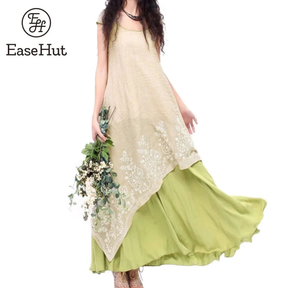 Винтажное женское платье Vestidos 2019 Лето ПовседнEEaseHut вырезом С Коротким Рукавом Цветочная Вышивка Длинное