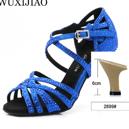 WUXIJIAO женские вечерние туфли для танцев из атласа яркие стразы, мягкая подошва, танцевальная обувь для латинских танцев красный/синий цвет, танцевальная обувь для сальсы каблук 9 см - Цвет: Blue heel 6cm