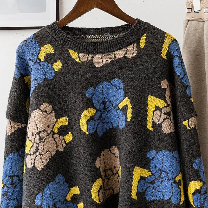 Новое поступление, зимний Черный Повседневный свитер с круглым вырезом и рисунком милого медведя, длинный рукав, женские осенние пуловеры, свитера, трикотаж