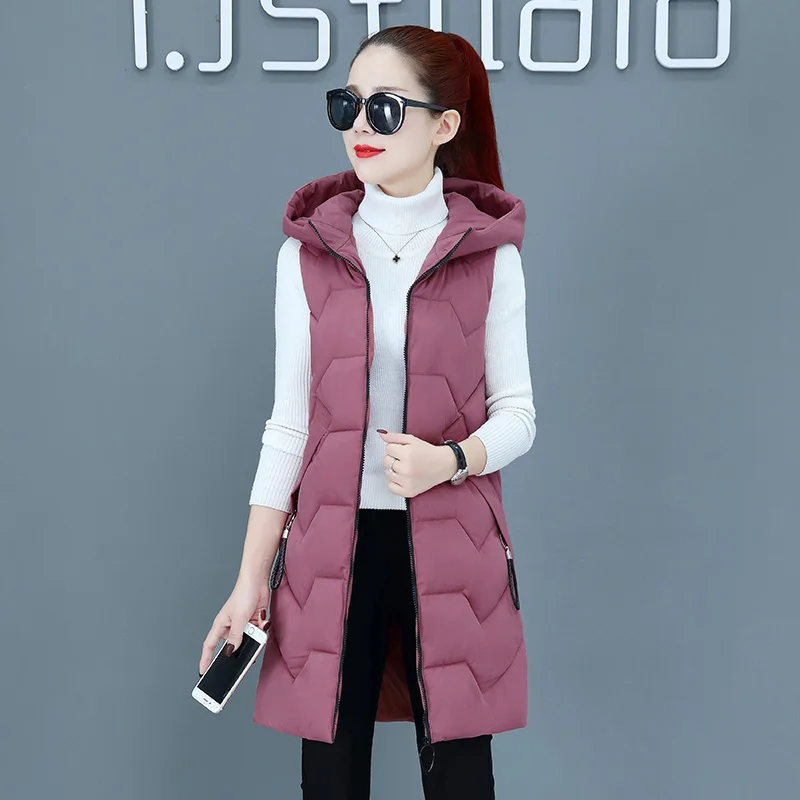 Women Cotton Vest Winter Autumn New Female Sleeveless Waistcoat Hooded Warm Long Vest Solid Coat with Zipper - Цвет: Кораллово-Красный