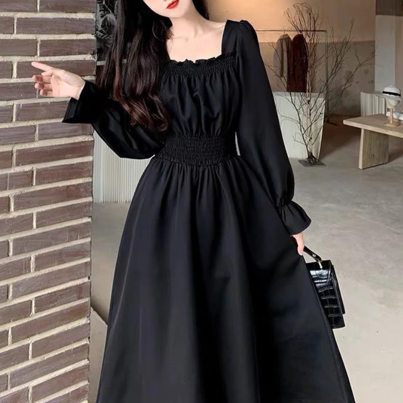 HOUZHOU Black Elegant Dress Women Vintage Long Sleeve Spring Autumn Dresses Square Collar Oversize Loose Casual Robe Streetwear plus size dresses