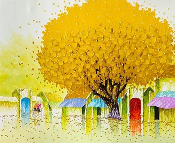 

Hand Painted Fall Texture Yellow Tree Mature Wheat Field Abstract Picture Decor Home Living Room Hotel Colorful