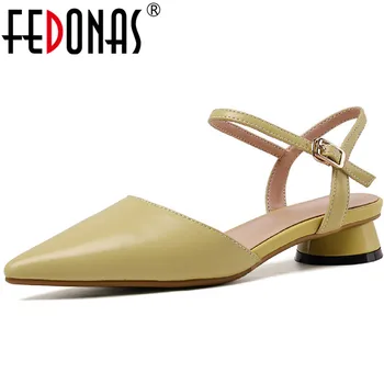 

FEDONAS High Quality Genuine Leather Women New Arrival 2020 Square Heels Pumps Spring Summer Pointed Toe Elegant Shoes Woman