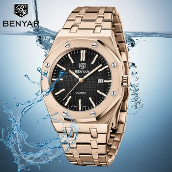 

NEW BENYAR Fashion Men Watch Stainless Steel Strap Simple Business Rose Gold Wristwatches Luxury Brand Waterproof Sport Watches