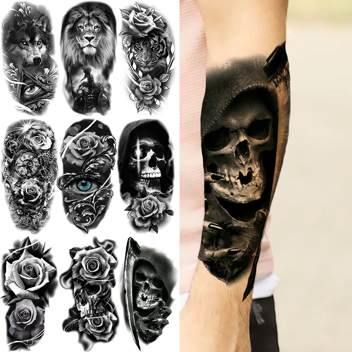 

Black Demon Skull Scary Skeleton Temporary Tattoos For Women Men Realistic Lion Wolf Tiger Fake Tattoo Sticker Arm Halloween