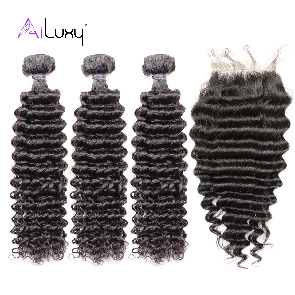 

Ailuxy OneCut Hair Brazilian Hair Weave 3 Bundles With Closure Deep Wave Human Hair Raw Virgin Human Hair Extension