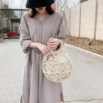 

Summer Beach Straw Shoulder Bags Women Round Hollow Cotton Linen Handbags