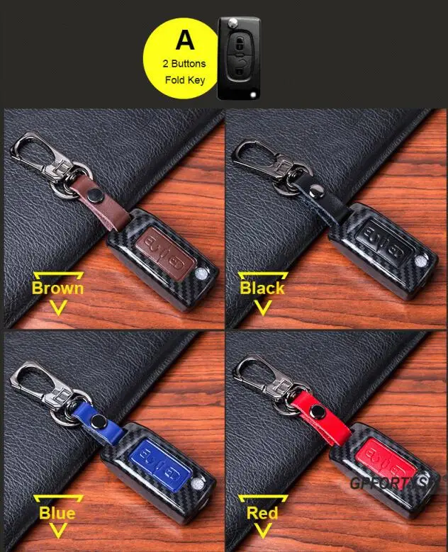fold key A Углеродное волокно Кожаный Автомобильный Брелок с Футляр для ключей для PEUGEOT 207 307 308 407 408 для Citroen C3 C4 C4L C5 C6 Защитная крышка 2 кнопки - Название цвета: fold key A