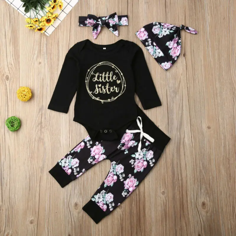 Baby Girl Clothing Set Citgeett Newborn Black Romper + Pants Print Leggings 4Pcs Autumn Fall