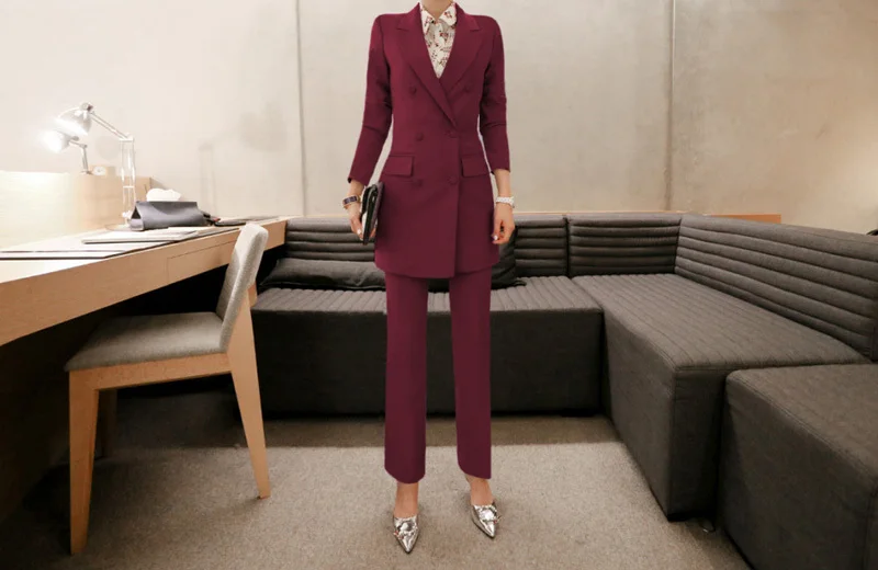 Модный двубортный женский брючный костюм зубчатый длинный Блейзер Куртка и прямые брюки повседневный комплект из 2 предметов тонкий