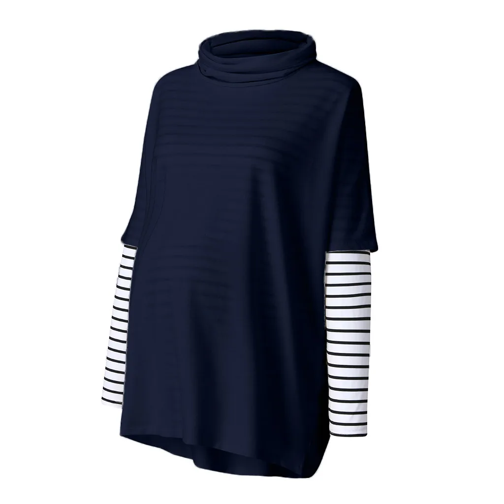 Maternity Clothes Two-Piece Set For Women Pregnant High Collar Long Sleeve Splicing Stripe Tops Pullover Blusas De Embarazo@40