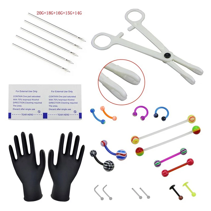 Body Piercing Tools Kit Gloves Needles Belly Ring Earring Cartilage Nose Tongue Navel Piercings Body Jewelry