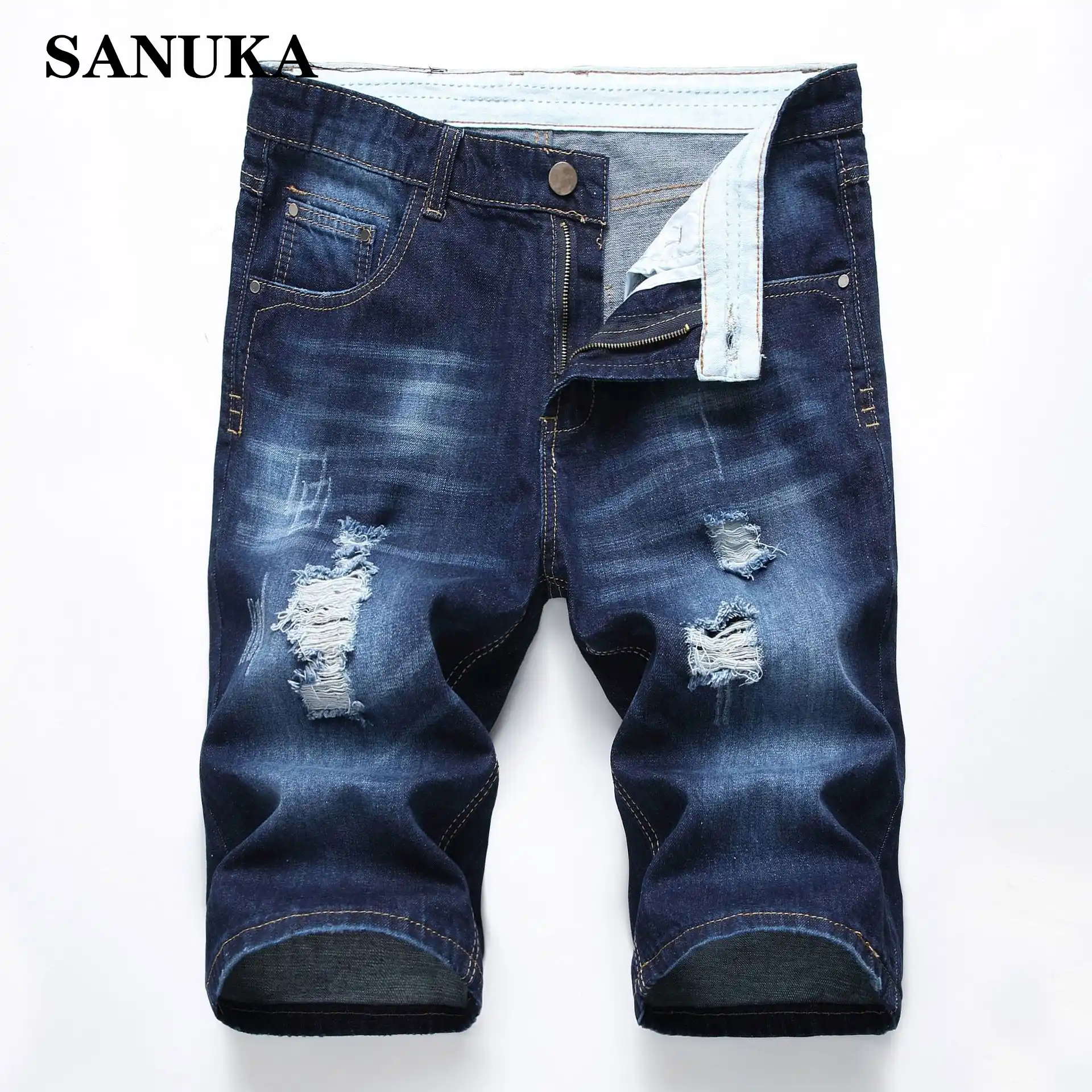 新ホットカジュアルショーツジーンズ男性ブランド洗浄綿リッピング加工ストレートメンズデニムショートパンツジーンズオム ショートパンツ Aliexpress