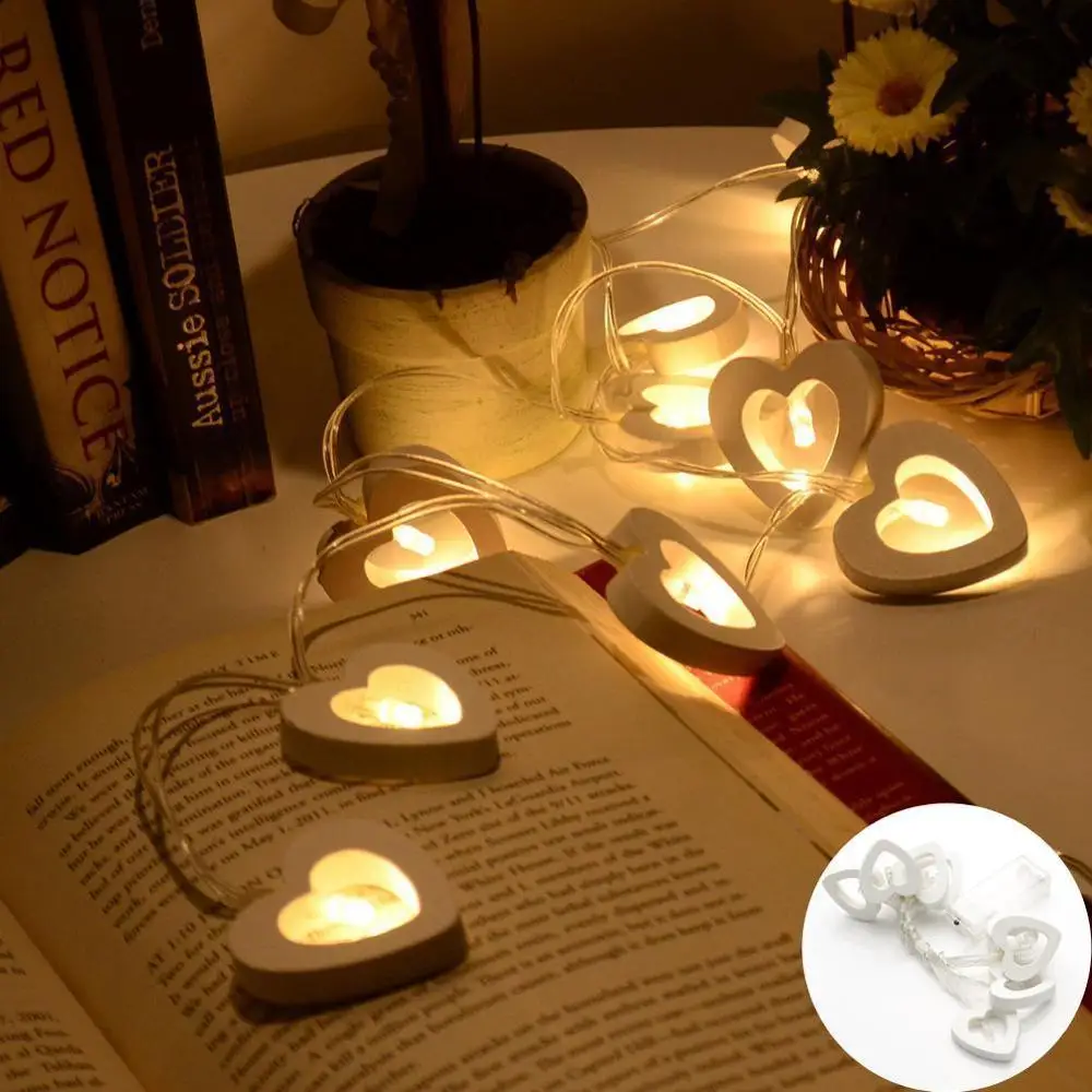 

10 LED LOVE HEART STRING FAIRY LIGHT DECOR BEDROOM WEDDING LIGHTS WOODEN LAMP