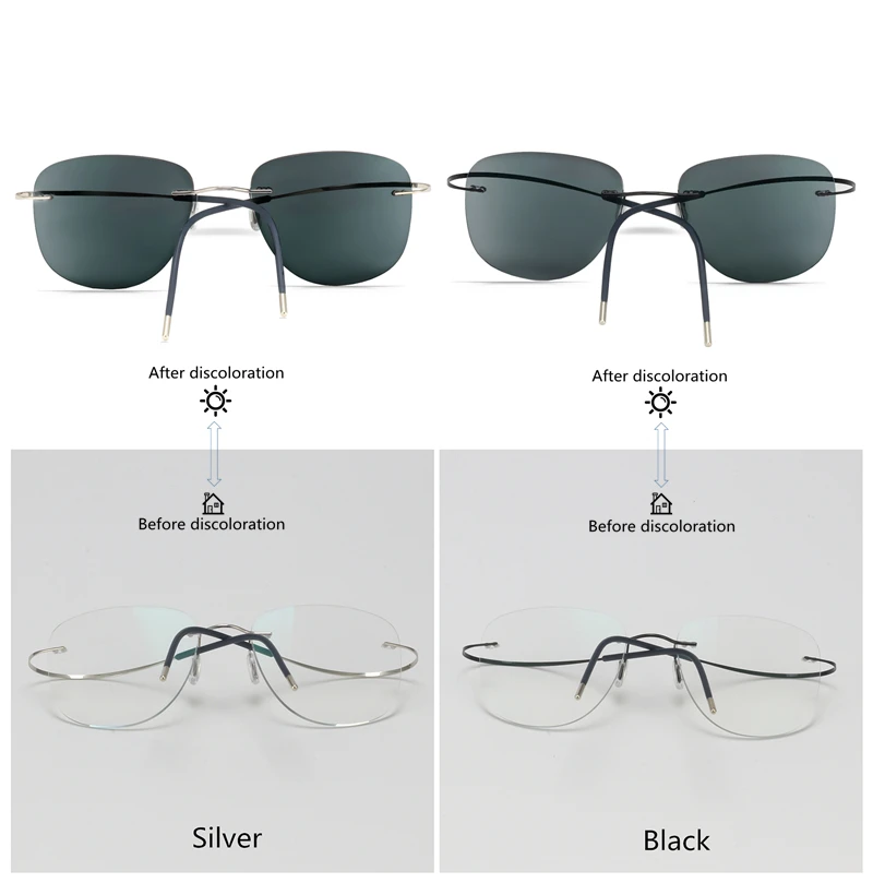 Buy Titanium Transition Aviation Sunglasses Photochromic Reading Glasses Rimless Eyeglasses Men with Diopters