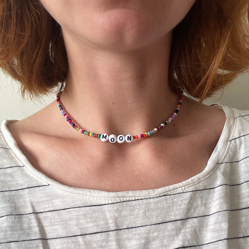 Collares de cuentas con letras para mujer, gargantilla de la suerte, collar bohemio con letras, joyería, cadena para cuello, accesorios de verano| Collares de cadena| - AliExpress