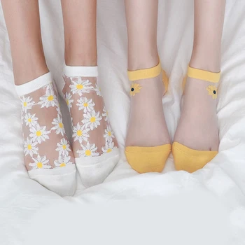 

Women Daisy Socks Spring Embroidery Short Cute Socks Lace See through Flowers Ankle Funny Socks Transparent Thin Summer Socks
