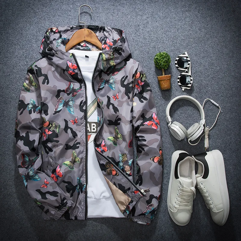 

2021 New Spring Autumn Mens Casual Camouflage Hoodie Jacket Butterfly Print Clothes Men's Hooded Windbreaker Coat Male Outwear