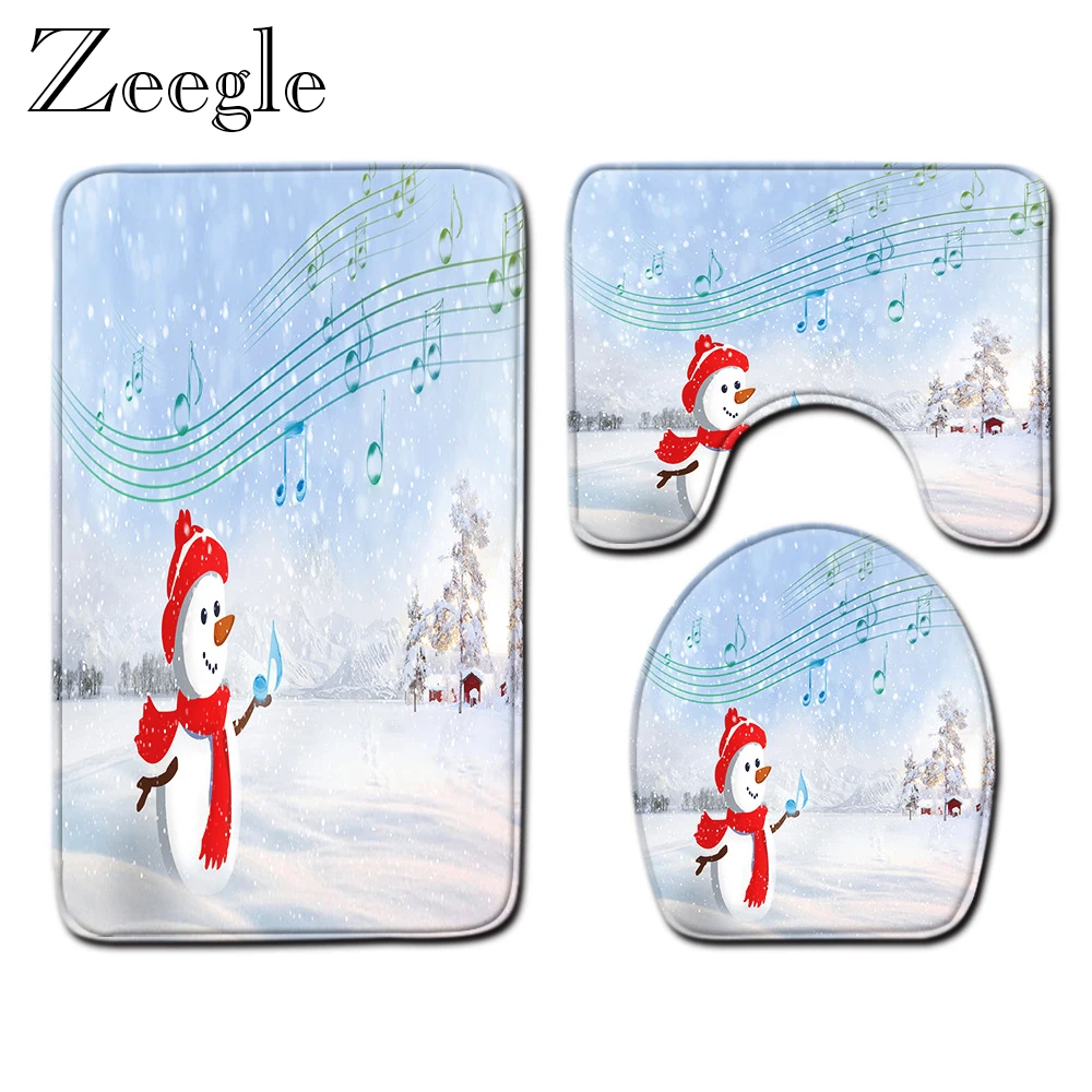 Bathroom Mat 3pcs Christmas Bath Mat Set Anti Slip Toilet Cover Seat Mat Polyester Toilet Pedestal Rug Soft Absorbent Foot Mat