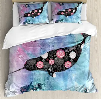 

Narwhal Duvet Cover Set Floral Patterned Narwhal Whale and Fish Psychedelic with Abstract Art Inspirations Bedding Set