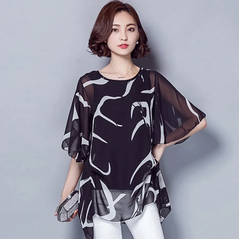 

Chiffon Shirt Summer Large Size Fake Two-piece Printing Short-sleeved Long Loose Trumpet Sleeves Tops Women's Clothing