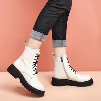 

tube Martin boots women's leather Europe station round head side zipper thick bottom motorcycle boots fashion boots