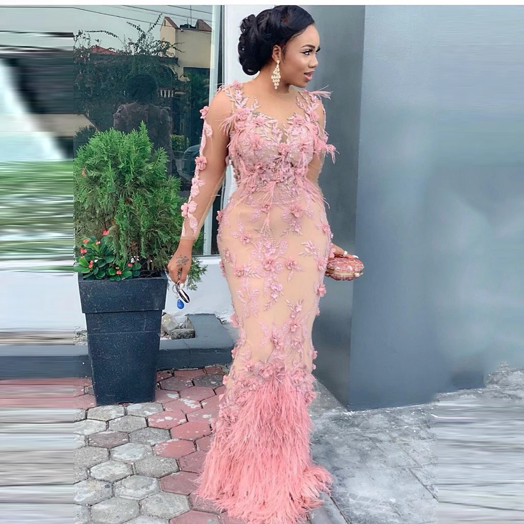 Luxury Pink Feather Mermaid Evening Dresses Long Sleeves Flower Appliques Beaded Aso Ebi Prom Dress Plus Size 2021