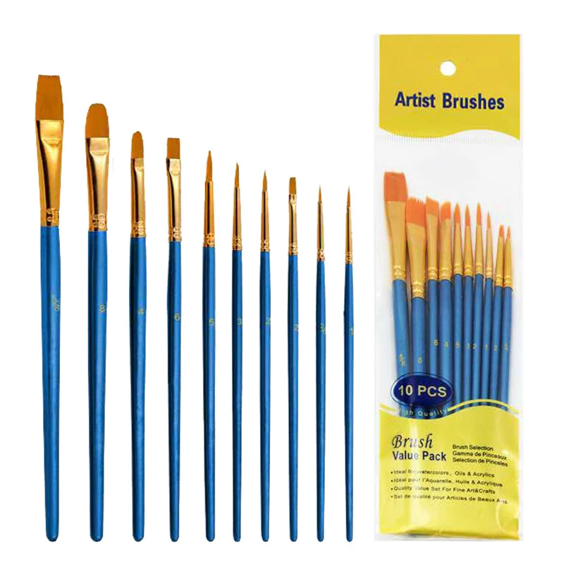 Juego de pinceles con mango de madera, set profesional de 10 pinceles con pelo de nailon para pintar con acuarela y pintura acrílica