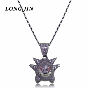 

Campus Style Full Zirconia Purple Hip Hop Personality Funny Pendant Pokemon Ghost Cartoon Pendant HIP HOP Necklace Ornament
