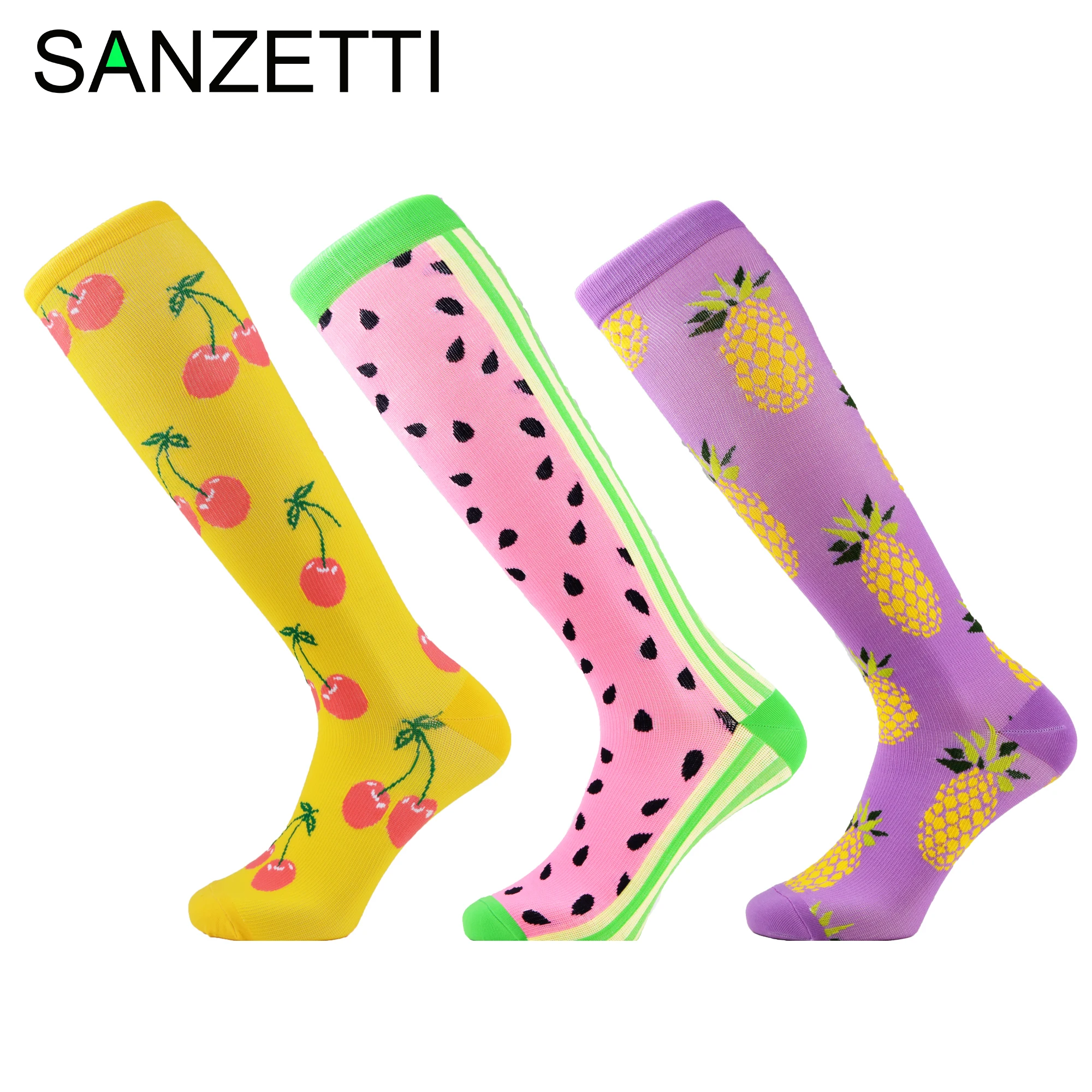 Сланцы SANZETTI, 3 пары/партия Для женщин фрукты ноги Поддержка стрейч из чесаного хлопка Компрессионные носки ниже колена покрытая цельной полиуретановой кожей длинные Веселые носки