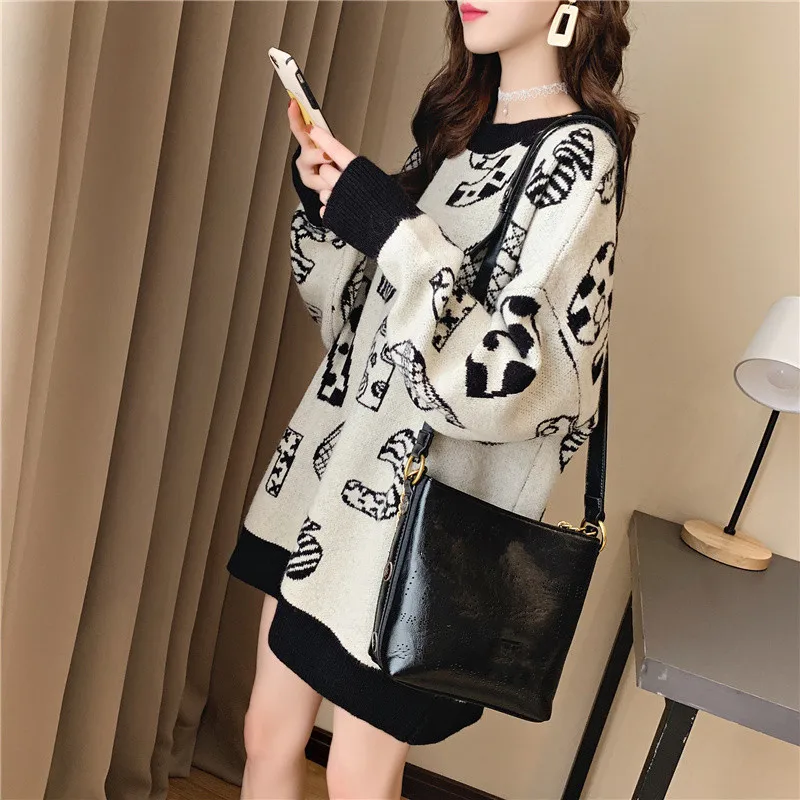 

2019 Women Knitted Sweater Winter Letter Print Winter Thick Long Sleeve Female Pullovers Casual Tops Gray Beige