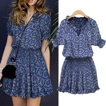 

Dress Women Summer Floral Print V-neckline Casual Short Sleeve casual daily Mini Dress vestidos de fiesta de noche#45