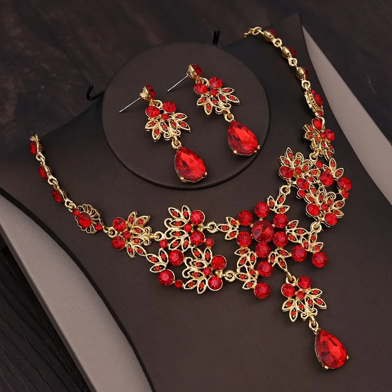 Baroque Vintage Red Crystal Bridal Hair Jewelry For Wedding Tiaras And Crowns With Necklace Earrings Sets Princess Queen Diadems jewelry accessories jewelry set hair accessory bridal headwear