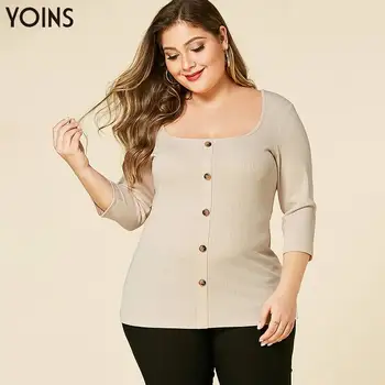 

YONIS Square Neck Button Front Half 3/4 Length Sleeve Blouse 2020 Women Elegant Shirt Casual Ladies Tops Plus Size Blusas Femme