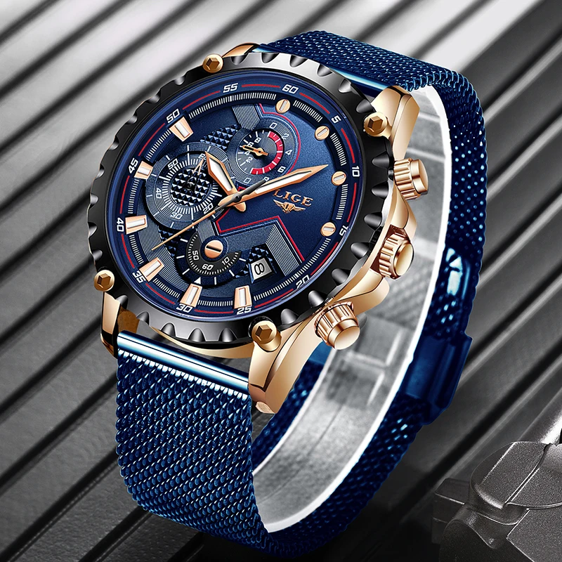 Купить 2020 lige новые мужские часы синие роскошные брендовые наручные
