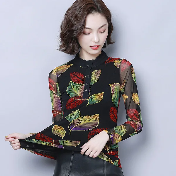 

Semi-High Collar Button Leaves Floral Blouse Mujer Slim Fit Long Sleeve Perspective Mesh Shirt Female Bottoming Tops Black Blusa