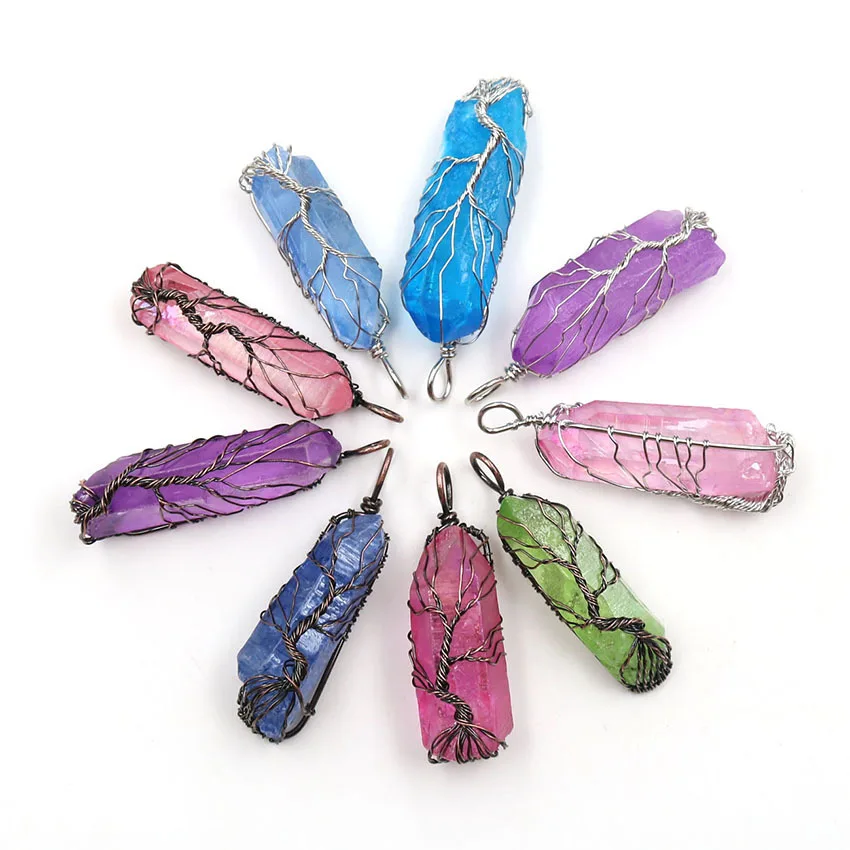 Vintage Irregular Natural Stone Crystal Pendant Necklace Women Men Wire Wrap Tree of Life Pendants Pendulum Gems Rainbow Jewelry - Image 5