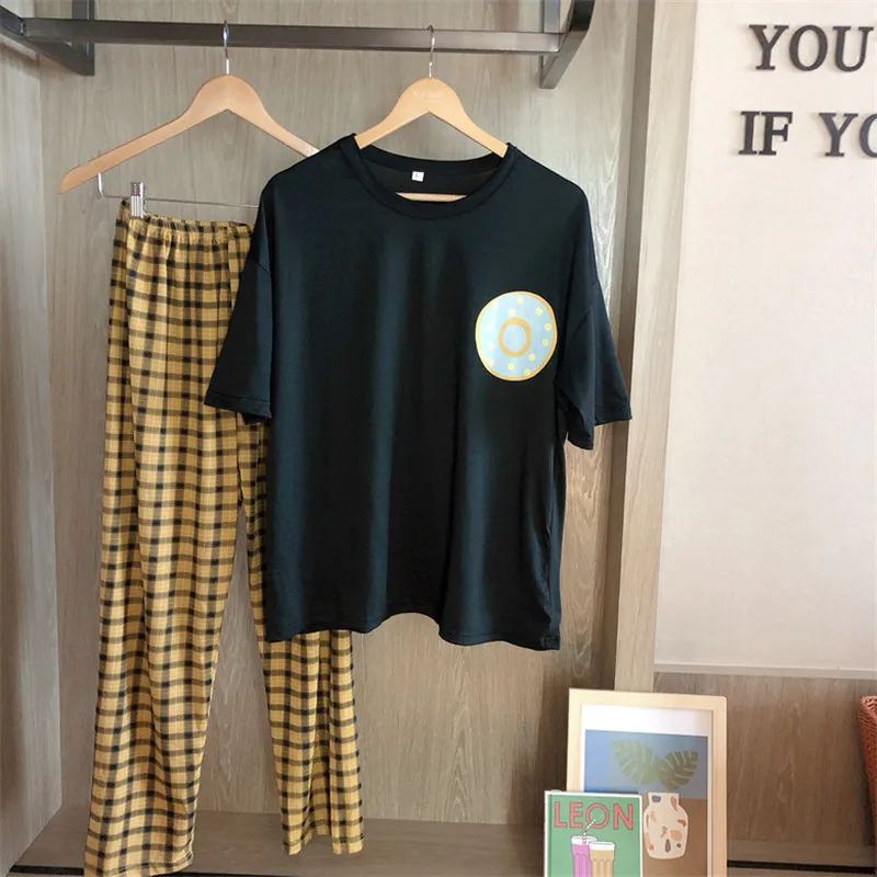

Summer comfortable 2 piece suit pajamas donut cartoon cute printing female student O-collar student trousers short sleeve 2XL