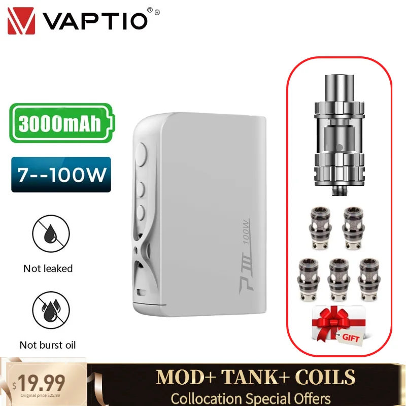 Боксмод Vaptio P3 набор для вейпа с катушками 100 Вт 3000 мА · ч встроенный аккумулятор