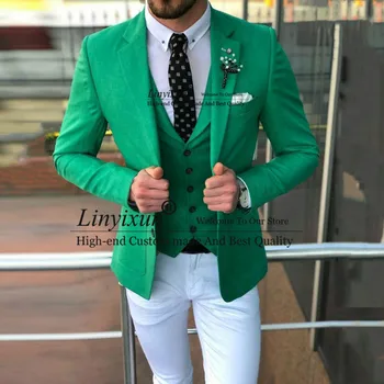 

Fashion Casual Green Men Suit White Pants Groom Tuxedos Groomsmen Best Man Blazer Mens Wedding Suits (Jacket+Pants+vest) 2019