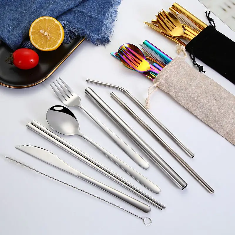 

Protable Stainless Steel Dinnerware Set Spoon Fork Chopsticks Straw With Cloth Pack Cutlery Outdoor Travel Office Picnic BBQ