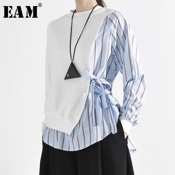 

[EAM] Loose Fit Blue Striped Split Bandage Sweatshirt New Round Neck Long Sleeve Women Big Size Fashion Tide Spring 2020 1B76305