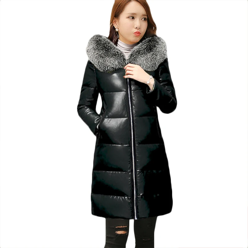 Большие размеры, искусственная кожа, пуховик, хлопковая куртка, женские зимние куртки, женские новые длинные толстые теплые пуховики, хлопковые кожаные куртки, 4XL F1085