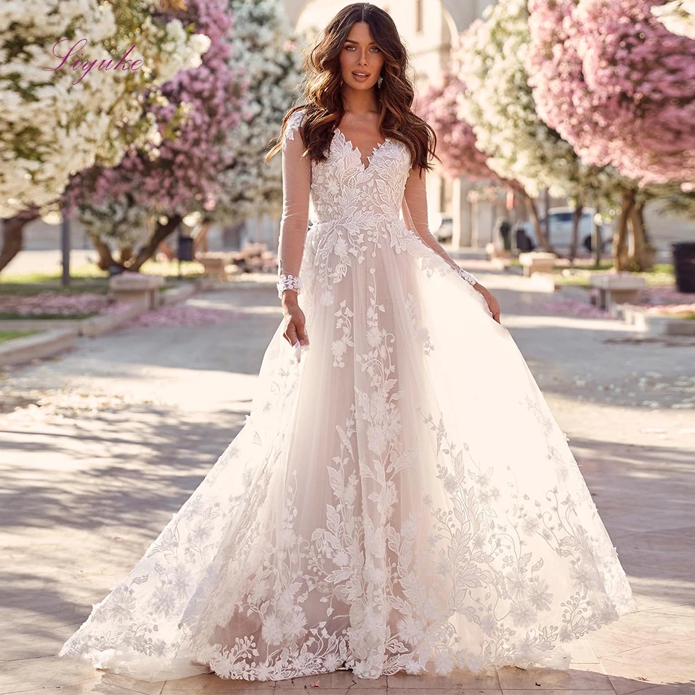 Liyuke ТРАПЕЦИЕВИДНОЕ кружевное свадебное платье с длинным рукавом и аппликацией Элегантное свадебное платье с открытой спиной robe de mariee